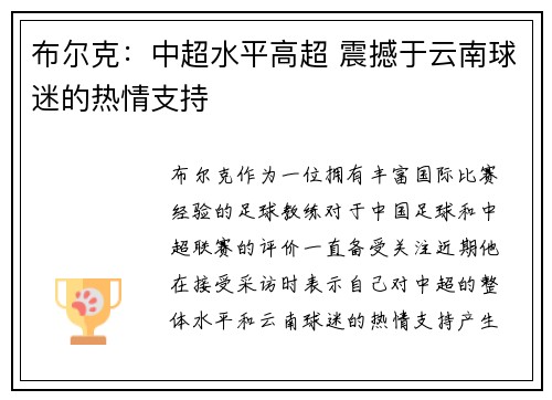 布尔克：中超水平高超 震撼于云南球迷的热情支持